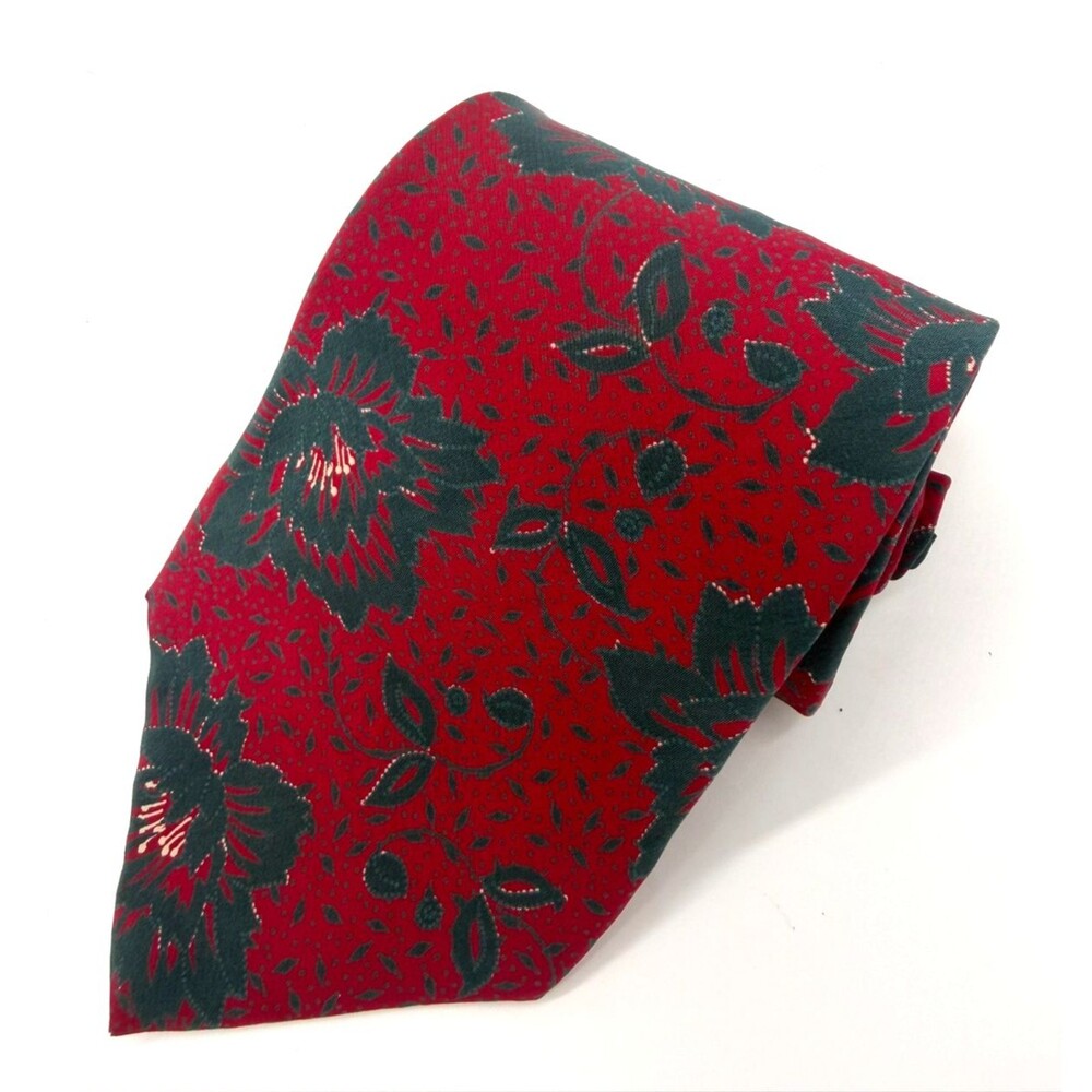 Perry Ellis Portfolio Silk Tie Mens Red Green Floral Crepe Vintage USA Holiday
